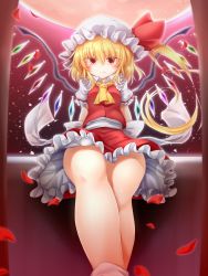 Rule 34 | 1girl, ascot, belt, blonde hair, blush, bow, breasts, closed mouth, collar, collared shirt, crystal, eyes visible through hair, flandre scarlet, frills, hair between eyes, hat, hat ribbon, highres, jewelry, looking at viewer, marukyuu ameya, medium breasts, mob cap, moon, multicolored wings, night, night sky, one side up, petals, puffy short sleeves, puffy sleeves, red eyes, red ribbon, red skirt, red sky, red vest, ribbon, shirt, short hair, short sleeves, sitting, skirt, sky, smile, socks, solo, thighs, touhou, vest, white belt, white bow, white hat, white shirt, white sleeves, white socks, wings, yellow ascot