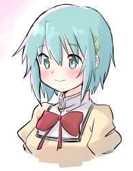 Rule 34 | 1girl, blue eyes, blue hair, bow, bowtie, brown jacket, commentary, frl1015, gradient background, hair ornament, hairclip, highres, jacket, looking to the side, mahou shoujo madoka magica, mahou shoujo madoka magica (anime), miki sayaka, mitakihara school uniform, puffy sleeves, red bow, red bowtie, school uniform, short hair, solo, upper body