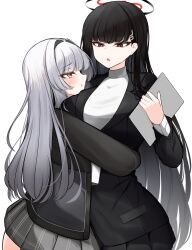 Rule 34 | 2girls, absurdres, black coat, black hair, black survival, blue archive, breasts, coat, eternal return: black survival, geah, hair ornament, hairclip, halo, highres, hug, large breasts, long hair, minami rio, multiple girls, name connection, open mouth, pleated skirt, pout, red eyes, rio (blue archive), skirt, sweater, tearing up, turtleneck, turtleneck sweater, white hair, yellow eyes