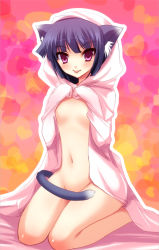 Rule 34 | 1girl, :p, animal ears, bed sheet, blanket, blue hair, breasts, cat ears, cat tail, heart, kneeling, looking at viewer, naked sheet, nude, original, red eyes, small breasts, solo, tail, tongue, tongue out, yukizuki chikuba