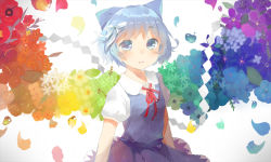 Rule 34 | 1girl, blue dress, blue eyes, blue hair, bow, cirno, dress, flower, hair bow, looking at viewer, matching hair/eyes, miebao, puffy sleeves, rainbow background, shirt, short sleeves, solo, touhou