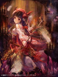 Rule 34 | 1girl, birdcage, brown hair, bug, butterfly, cage, candlestand, detached sleeves, detail, hair ornament, bug, japanese clothes, jewelry, long hair, long sleeves, looking at viewer, looking back, miko, miyai haruki, necklace, ofuda, original, red eyes, ribbon-trimmed sleeves, ribbon trim, sash, seiten ragnarok, signature, solo, spell card, staff, very long hair, wide sleeves