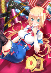 Rule 34 | 1girl, akai haato, akai haato (1st costume), aqua eyes, belt, black thighhighs, blonde hair, blue skirt, blush, breasts, caution tape, collar, collared shirt, commentary, couch, haaton (akai haato), hair ribbon, high-waist skirt, highres, hololive, keep out, large breasts, licking lips, long hair, looking at viewer, miniskirt, nail polish, neck ribbon, rabbi, red nails, red ribbon, ribbon, shirt, short sleeves, skirt, smile, thigh belt, thigh strap, thighhighs, tongue, tongue out, twintails, underbust, very long hair, virtual youtuber, white collar, white shirt, zettai ryouiki