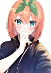 Rule 34 | 1girl, black hoodie, blue eyes, blush, closed mouth, commentary request, go-toubun no hanayome, green ribbon, hair between eyes, hair ribbon, highres, hood, hoodie, long sleeves, looking at viewer, nail polish, nakano yotsuba, orange hair, pink nails, reaching, reaching towards viewer, rei (ilust9999), ribbon, selfie, short hair, simple background, smile, solo, upper body, v over mouth, white background