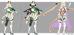 Rule 34 | arrow (projectile), blonde hair, blue eyes, boots, bow, bow (weapon), braid, breasts, cape, character design, character sheet, cleavage, compound bow, concept art, dated, elf, garter straps, gloves, hayama kazusa, high heel boots, high heels, highleg, highleg leotard, highres, huge breasts, large breasts, leotard, long hair, pointy ears, thighhighs, very long hair, weapon