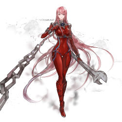 Rule 34 | 1girl, 96dgd, absurdres, bodysuit, boots, breasts, chain, dungeon and fighter, female slayer (dungeon and fighter), highres, knee boots, long hair, looking at viewer, oversized object, pink eyes, pink hair, skin tight, smile, solo, wrench
