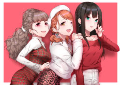 Rule 34 | 3girls, ;d, animal print, bare shoulders, black choker, black hair, blunt bangs, blush, braid, breasts, brown eyes, brown hair, buttons, choker, collarbone, earrings, eyebrows, green eyes, hair ornament, hair scrunchie, hairclip, hand up, highres, hojo karen, idolmaster, idolmaster cinderella girls, jewelry, kamiya nao, leopard print, lips, long hair, long sleeves, looking at viewer, low twintails, maou (demonlord), medium breasts, multiple girls, nail polish, one eye closed, open mouth, orange hair, pants, parted lips, pink nails, plaid, plaid skirt, ponytail, red eyes, red shirt, scrunchie, shibuya rin, shirt, short hair, simple background, skirt, smile, teeth, thick eyebrows, triad primus, twintails, upper body, upper teeth only, white pants, white shirt