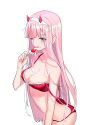 Rule 34 | 10s, 1girl, absurdres, bare shoulders, bikini, blunt bangs, bra, breasts, bunuojiang, cleavage, collarbone, cream, cream on face, darling in the franxx, food, food on face, fruit, highres, horns, licking lips, long hair, medium breasts, navel, one eye closed, panties, pink hair, red bikini, red bra, red panties, simple background, solo, spoon, strap slip, strawberry, swimsuit, tongue, tongue out, underwear, white background, zero two (darling in the franxx)