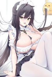 Rule 34 | 1girl, absurdres, anger vein, azur lane, between breasts, black hair, black skirt, breasts, brushing another&#039;s hair, brushing hair, choker, comb, crotch cutout, crotchless, crotchless pantyhose, frilled choker, frills, green eyes, highres, holding, holding comb, huge breasts, indomitable (azur lane), indomitable (ms. motivationless maid) (azur lane), long hair, looking at viewer, maid, maid headdress, manjuu (azur lane), miniskirt, official alternate costume, panties, pantyhose, pleated skirt, samart, simple background, skindentation, skirt, solo, tongue, tongue out, underwear, very long hair, white background, white panties, white pantyhose