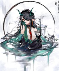 Rule 34 | 1girl, absurdres, arknights, bare shoulders, bird, black hair, closed mouth, commentary request, cropped torso, dusk (arknights), earrings, elbow gloves, gloves, gradient hair, green gloves, green hair, hair over one eye, hhy, highres, horns, jewelry, long hair, long sleeves, looking away, looking to the side, multicolored hair, necktie, off shoulder, open clothes, pointy ears, red eyes, red necktie, shirt, smile, solo, translation request, upper body, very long hair, white shirt