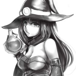 Rule 34 | 1girl, at2., bare shoulders, blunt bangs, breasts, cleavage, closed mouth, detached sleeves, expressionless, greyscale, hat, large breasts, long hair, looking at viewer, minecraft, monochrome, potion, solo, witch, witch (minecraft), witch hat