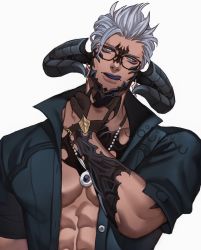 Rule 34 | 1boy, abs, artist name, warrior of light (ff14), bead necklace, beads, blue eyes, buttons, character request, collarbone, collared shirt, colored tongue, commentary, commission, dark skin, english commentary, final fantasy, final fantasy xiv, glasses, gloves, grey hair, hand up, highres, horns, jewelry, jouvru, licking lips, looking at viewer, male focus, muscular, necklace, nose, open clothes, open mouth, partially fingerless gloves, pectorals, purple tongue, shirt, short sleeves, simple background, solo, symbol-only commentary, tongue, tongue out, upper body, watermark