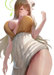 Rule 34 | 1girl, absurdres, blue archive, blush, breasts, center opening, cleavage, green eyes, hair bun, halo, highres, large breasts, light brown hair, long hair, long skirt, nonomi (blue archive), parted lips, rororo, shirt, sidelocks, single side bun, skirt, sleeveless, sleeveless shirt, solo, thighs, white skirt, yellow shirt
