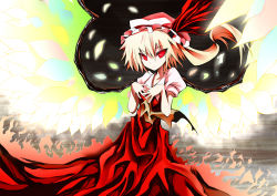 Rule 34 | 1girl, alternate wings, blonde hair, blouse, closed mouth, collared shirt, dot mouth, embodiment of scarlet devil, female focus, flandre scarlet, givuchoko, hair between eyes, hat, highres, mob cap, red eyes, shirt, short hair, solo, touhou, white hat, white shirt, wings