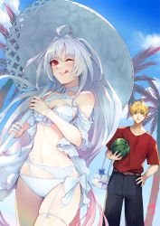Rule 34 | 1boy, 1girl, ahoge, arthur pendragon (fate), bare shoulders, bikini, black pants, blonde hair, blue sky, breasts, cleavage, fate/grand order, fate/prototype, fate (series), food, frilled bikini, frills, fruit, highres, lady avalon (fate), lady avalon (second ascension) (fate), long hair, looking at viewer, medium breasts, merlin (fate/prototype), nakaga eri, navel, one eye closed, palm tree, pants, parasol, purple eyes, red shirt, shirt, short hair, short sleeves, sky, smile, swimsuit, thighs, tongue, tongue out, tree, umbrella, very long hair, watermelon, white bikini, white hair