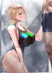 Rule 34 | 1boy, 1girl, :q, absurdres, andou you, ass, between legs, black one-piece swimsuit, blonde hair, breasts, bulge, collarbone, competition swimsuit, covered erect nipples, from side, hair ornament, hand between legs, highres, imminent fellatio, large breasts, long hair, male underwear, one-piece swimsuit, original, purple eyes, shadow, side ponytail, steam, swimsuit, tongue, tongue out, underwear