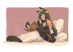Rule 34 | 1girl, :o, absurdres, akiosketch, alternate costume, animal ears, animal hands, anubis (monster girl encyclopedia), armlet, bad link, bare shoulders, barefoot, book, breasts, cleavage, collar, commission, dark green hair, from side, full body, green eyes, green hair, hair ornament, highres, holding, holding book, jewelry, long hair, looking down, medium breasts, metal collar, monster girl, monster girl encyclopedia, open book, parted lips, pillow, reading, robe, second-party source, sitting, solo, tail, wolf ears, wolf tail