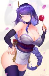 Rule 34 | 1girl, absurdres, breasts, candy apple, cleavage, food, genshin impact, highres, japanese clothes, kimono, large breasts, long hair, purple eyes, purple hair, raiden shogun, showerz, thighhighs