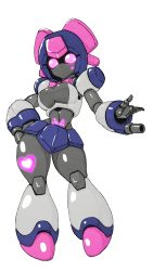 Rule 34 | 1girl, alternate breast size, arm cannon, bow, bowtie, brass (medarot), breasts, cleavage, highres, joints, looking at viewer, medarot, miniskirt, navel, pink bow, pink bowtie, pink eyes, pubic tattoo, robot, robot girl, robot joints, school uniform, serafuku, simple background, skirt, solo, standing, tank top, tattoo, weapon, white background