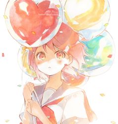 Rule 34 | 1girl, backlighting, balloon, black sailor collar, blouse, blush, commentary request, confetti, heart balloon, highres, holding, holding balloon, looking at viewer, neckerchief, original, parted lips, red eyes, red hair, red neckerchief, sailor collar, school uniform, serafuku, shirt, short sleeves, signature, simple background, sofra, solo, twitter username, upper body, white background, white shirt