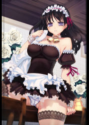 Rule 34 | 1girl, apron, bare shoulders, bell, black hair, border, breasts, coffee cat, collar, covered erect nipples, crotch rub, dress, female masturbation, flower, frills, hairband, impossible clothes, impossible shirt, lace, lace-trimmed legwear, lace trim, large breasts, lolita hairband, long hair, maid, maid apron, masturbation, mole, mole under mouth, neck bell, no bra, original, panties, parted lips, purple eyes, rose, shirt, solo, strapless, strapless dress, striped clothes, striped panties, sweat, table, table humping, thick thighs, thighhighs, thighs, underwear, waist apron, white flower, white rose