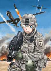 Rule 34 | 1girl, aerial bomb, agm-114 hellfire, air-to-surface missile, airburst grenade launcher, aircraft, alliant techsystems, american flag, anti-tank guided missile, anti-tank missile, artist name, blue eyes, blush, bulletproof vest, bullpup, camouflage, computerized scope, day, desert, digital camouflage, drone, exhaust, explosion, fire, flying, gbu-12 paveway ii, general-purpose bomb, general atomics aeronautical systems, grenade launcher, grey hair, guided bomb, gun, handgun, heckler &amp; koch, helmet, holding, holding gun, holding weapon, holster, iraq war, kneeling, l-3 ios brashear, laser-guided bomb, lens, long gun, looking at viewer, m-3 predator, military, military program, military uniform, military vehicle, missile, motor vehicle, mq-9 reaper, official art, oicw increment 2 (military program), oicw increments (military program), orbital atk, original, paveway, pistol, precision-guided firearm, precision-guided munition, prototype design, ruins, sao satoru, scope, semi-automatic firearm, semi-automatic grenade launcher, short hair, sight (weapon), sky, smart scope, smile, smoke, surface-to-surface missile, tank, telescopic sight, uniform, united states army, unmanned aerial vehicle, unmanned combat aerial vehicle, ura combat comic, war, weapon, white hair, xm104 (smart scope), xm25 cdte