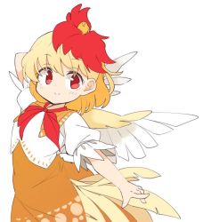 Rule 34 | 1girl, animal, animal on head, arm up, bird, bird on head, blonde hair, chick, commentary request, dress, feathered wings, ini (inunabe00), looking at viewer, multicolored hair, niwatari kutaka, on head, orange dress, outstretched arm, red eyes, red hair, red neckwear, short hair, short sleeves, simple background, smile, solo, touhou, upper body, white background, wings