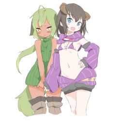 Rule 34 | 2girls, ahoge, animal ears, babalilo, bad id, bad twitter id, bikini, bikini top only, black hair, blue eyes, breasts, cowboy shot, dark-skinned female, dark skin, dog ears, dog girl, dog tail, ears down, fang, female focus, frown, green hair, hair between eyes, hand on own hip, horns, large tail, long hair, looking at viewer, multiple girls, navel, open mouth, scowl, short hair with long locks, short shorts, shorts, simple background, small breasts, standing, swimsuit, tail, titi (babalilo), v-shaped eyebrows, very long hair, white background, yellow eyes