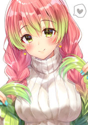 Rule 34 | 1girl, blue nails, blurry, blurry foreground, blush, braid, breasts, closed mouth, depth of field, earrings, fingernails, gradient hair, green eyes, green hair, gyozanuko, hair between eyes, heart, heart-shaped pupils, heart earrings, highres, holding, holding hair, jewelry, kanroji mitsuri, kimetsu no yaiba, long hair, looking at viewer, medium breasts, mole, mole under eye, multicolored hair, nail polish, pink hair, ribbed sweater, simple background, smile, solo, spoken heart, sweater, symbol-shaped pupils, turtleneck, turtleneck sweater, twin braids, upper body, white background, white sweater