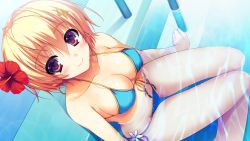 Rule 34 | 1girl, arm support, bare shoulders, bikini, blonde hair, blue bikini, blush, breasts, cleavage, collarbone, flower, from above, front-tie top, game cg, hair flower, hair ornament, halterneck, hibiscus, highres, looking at viewer, nozomi (reminiscence), partially submerged, purple eyes, reminiscence, shiny skin, short hair, side-tie bikini bottom, sitting, skindentation, smile, solo, strap gap, string bikini, swimsuit, tomose shunsaku