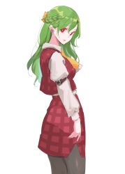Rule 34 | 1girl, alternate hairstyle, ascot, braid, commentary, earrings, flower earrings, french braid, green hair, highres, jewelry, juliet sleeves, kazami yuuka, long hair, long sleeves, looking back, pantyhose, plaid, plaid skirt, plaid vest, puffy sleeves, red eyes, red skirt, red vest, shirt, skirt, solo, tohoyuukarin, touhou, variant set, vest, white shirt, yellow ascot