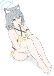 Rule 34 | 1girl, alternate costume, animal ear fluff, animal ears, bare legs, barefoot, bikini, blue archive, blue eyes, blue halo, blush, breasts, bright pupils, cleavage, collarbone, cross hair ornament, grey hair, hair ornament, halo, highres, legs, looking at viewer, masabodo, medium breasts, mismatched pupils, open mouth, shiroko (blue archive), simple background, sitting, solo, swimsuit, toes, white background, white pupils, yellow bikini