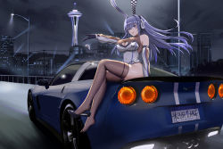 Rule 34 | 1girl, :d, absurdres, animal ears, azur lane, backless leotard, blue eyes, blue hair, breasts, car, chevrolet, chevrolet corvette, chevrolet corvette c6, cleavage, cleavage cutout, clothing cutout, detached sleeves, gloves, headset, high heels, highres, kcar66t, large breasts, leotard, long hair, looking at viewer, motor vehicle, new jersey (azur lane), night, open mouth, outstretched arm, product placement, pumps, rabbit ears, race queen, real world location, seattle, see-through, see-through cleavage, shoe dangle, shoes, single shoe, sitting, sky, smile, space needle, star (sky), starry sky, stiletto heels, thighhighs, vehicle focus