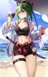 Rule 34 | 1girl, :o, absurdres, arataki itto, bare shoulders, beach, bikini, black bikini, black shorts, blue sky, blush, breasts, cleavage, cloud, commentary request, cowboy shot, cup, day, drinking straw, genshin impact, green hair, hair between eyes, highres, holding, holding cup, holding mask, jacket, katana, charm (object), kuki shinobu, long sleeves, mask, medium breasts, navel, ocean, off shoulder, open clothes, open jacket, outdoors, parted lips, pomegranate nana, ponytail, purple eyes, scabbard, sheath, sheathed, short hair, short shorts, shorts, sky, solo, standing, stomach, swimsuit, sword, thigh strap, thighs, wading, water, weapon, white jacket