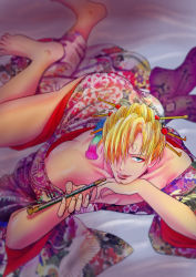Rule 34 | 1boy, alternate costume, barefoot, blonde hair, blue eyes, crossdressing, facial hair, floral print, goatee, hair ornament, hair over one eye, highres, japanese clothes, lying, male focus, on stomach, one piece, smoking pipe, riria, sanji (one piece), solo