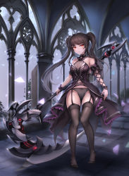Rule 34 | 1girl, absurdres, architecture, bare shoulders, black dress, black hair, black panties, black thighhighs, breasts, center opening, crotch seam, detached sleeves, dress, dusk, full body, garter belt, garter straps, gothic architecture, gothic lolita, highres, holding, holding scythe, holding weapon, huge weapon, indoors, kie (wylee2212), lily bloomerchen, lolita fashion, long hair, looking at viewer, medium breasts, navel, no shoes, panties, red eyes, revealing clothes, scythe, solo, soulworker, standing, thighhighs, thighs, twintails, underwear, weapon, wrist cuffs