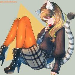 Rule 34 | 1girl, boots, brown hair, commentary request, cross-laced footwear, fang, food, fruit, full body, head tilt, high heel boots, high heels, lace-up boots, lemur ears, lemur tail, looking at viewer, orange pantyhose, original, pantyhose, pencil skirt, plaid, plaid skirt, ribbed sweater, simple background, sitting, skirt, solo, strawberry, suzuho hotaru, sweater, swept bangs, yellow eyes