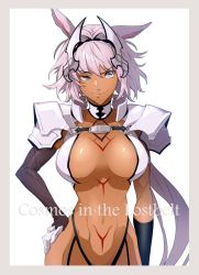 Rule 34 | 1girl, blue eyes, body markings, breasts, caenis (fate), caenis (fate/grand order), cowboy shot, dark skin, dark-skinned female, fate/grand order, fate (series), hand on own hip, long hair, looking at viewer, revealing clothes, sami (object dump), silver hair, smile, solo