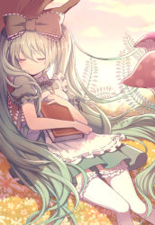 Rule 34 | 1girl, 6 yin, alice in musicland (vocaloid), beamed quavers, book, bow, dress, closed eyes, flower, green hair, hair bow, hatsune miku, long hair, mushroom, musical note, musical note print, sleeping, solo, thighhighs, tree, twintails, very long hair, vocaloid, white thighhighs