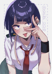 Rule 34 | 1girl, absurdres, armband, blue eyes, blue hair, blush, boku no hero academia, breasts, chibi 228, dark blue hair, grey background, highres, jirou kyouka, large breasts, leaning forward, looking at viewer, necktie, school uniform, short hair, simple background, skirt, solo, tongue, tongue out, twitter username, u.a. school uniform, v