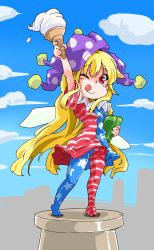 Rule 34 | 1girl, american flag dress, american flag legwear, american flag shirt, blonde hair, clownpiece, food, hat, highres, ice cream, ice cream cone, jester cap, jpeg artifacts, long hair, one eye closed, pantyhose, shinapuu, smile, soft serve, solo, star (symbol), statue of liberty, striped clothes, striped pantyhose, tongue, tongue out, touhou, very long hair