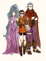 Rule 34 | 1boy, 2girls, amakekke, bag, beige background, belt, black shorts, blue hair, blush, brown footwear, brown gloves, cape, chrono trigger, closed eyes, crossed arms, dress, frown, glasses, gloves, green shirt, hairband, hat, highres, holding hands, long dress, long hair, looking at another, lucca ashtear, magus (chrono trigger), multiple girls, open mouth, orange hairband, orange shirt, pants, pointy ears, ponytail, purple hair, purple pants, purple robe, red cape, robe, schala zeal, shirt, short hair, shorts, simple background, sketch, smile, very long hair, yellow background
