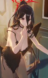 Rule 34 | 1girl, absurdres, alternate costume, bare arms, bare shoulders, black hair, black wings, blue archive, blush, breasts, camisole, choker, closed mouth, collarbone, commentary request, cowboy shot, eating, feathered wings, food, food on face, hair between eyes, halo, hasumi (blue archive), high ponytail, highres, indoors, large breasts, long hair, looking at viewer, low wings, modare, mole, mole under eye, red eyes, solo, standing, sweatdrop, very long hair, wings