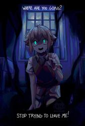 Rule 34 | 1boy, absurdres, ahoge, aqua eyes, artist name, basil (faraway) (omori), basil (omori), blonde hair, blue theme, collared shirt, constricted pupils, crying, crying with eyes open, dark, english text, glowing, glowing eyes, green sweater vest, grey shorts, hand on floor, highres, horror (theme), indoors, male focus, omori, open mouth, outstretched hand, pale skin, saiyakyun, scared, shirt, short hair, short sleeves, shorts, solo, something (omori), sweater vest, tears, teeth, twitter username, watermark, white shirt