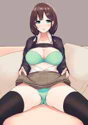 Rule 34 | 1girl, aqua eyes, black thighhighs, blush, bra, breasts, brown hair, cleavage, clothes lift, earrings, female focus, green bra, green eyes, green panties, hair ornament, hairclip, jewelry, large breasts, lifted by self, long hair, looking at viewer, low twintails, open clothes, open mouth, open shirt, original, panties, parted lips, pillow, pleated skirt, ponkotsu (ayarosu), shirt, sitting, skirt, skirt lift, smile, solo, spread legs, thighhighs, twintails, underwear