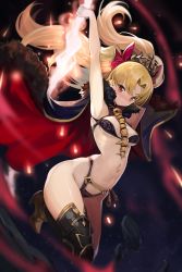 Rule 34 | 1girl, arched back, armpits, arms up, bikini, black bikini, black thighhighs, blonde hair, blush, bow, breasts, cape, closed mouth, ereshkigal (fate), fate (series), fur trim, goomrrat, hair bow, highleg, highleg bikini, navel, pink eyes, purple bow, revealing clothes, single thighhigh, small breasts, smile, solo, swimsuit, thighhighs, thighs, tiara, tohsaka rin, two side up