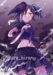 Rule 34 | 1girl, azur lane, belt, black bow, black hair, black sailor collar, black shirt, black skirt, bow, chain, closed mouth, crop top, earrings, feather earrings, feathers, haguro (azur lane), hair bow, hair ornament, hairclip, highres, holding, holding knife, holding sheath, holding weapon, jewelry, knife, looking at viewer, mask, mask on head, medium hair, midriff, multicolored hair, navel, neckerchief, pleated skirt, purple neckerchief, red eyes, sailor collar, school uniform, sheath, shirt, short sleeves, side ponytail, skirt, solo, streaked hair, tengu mask, twitter username, weapon, white hair, yunana seki