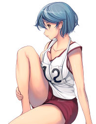 Rule 34 | 1girl, bare arms, bare legs, blue hair, breasts, breasts on lap, breasts squeezed together, collarbone, female focus, hugging own legs, knee up, kouno (masao), large breasts, looking away, no bra, original, profile, shirt, short hair, shorts, simple background, sitting, sleeveless, sleeveless shirt, solo, swept bangs, thighs, track and field, white background, yellow eyes