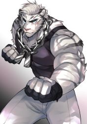 Rule 34 | 1boy, absurdres, animal ears, arknights, bandaged hand, bandages, bara, black tank top, chain necklace, chan kuro (azsdi4e), clenched hands, covered abs, dog tags, feet out of frame, fighting stance, frown, furry, furry male, highres, large pectorals, looking at viewer, male focus, mountain (arknights), muscular, muscular male, necklace, pectorals, scar, scar across eye, scar on face, shirt, short hair, solo, tank top, thick eyebrows, thick thighs, thighs, tiger boy, tiger ears, tight clothes, tight shirt, white fur, white hair