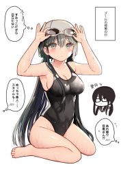 Rule 34 | 2girls, barefoot, black hair, black one-piece swimsuit, breasts, cleavage, commentary request, competition swimsuit, full body, goggles, goggles on head, grey eyes, highres, kurata rine, long hair, looking at viewer, low twintails, medium breasts, multiple girls, one-piece swimsuit, original, simple background, sitting, solo focus, swim cap, swimsuit, translation request, twintails, wariza, white background, white headwear
